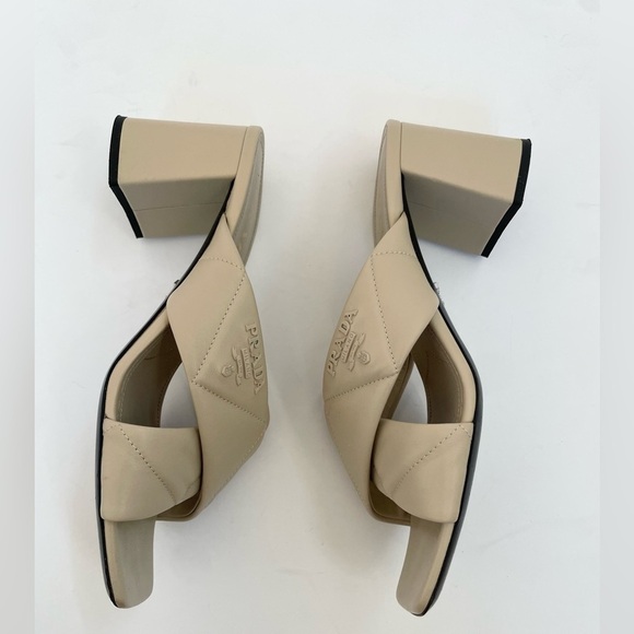 Prada Beige pebbled leather quilted criss cross 65mm block heel mules EU 40 - Picture 6 of 14